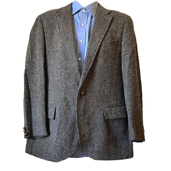 Stanley Blacker Tweed Wool Vintage Sport Coat Gray Check Fleck 42 44 USA - Picture 1 of 16